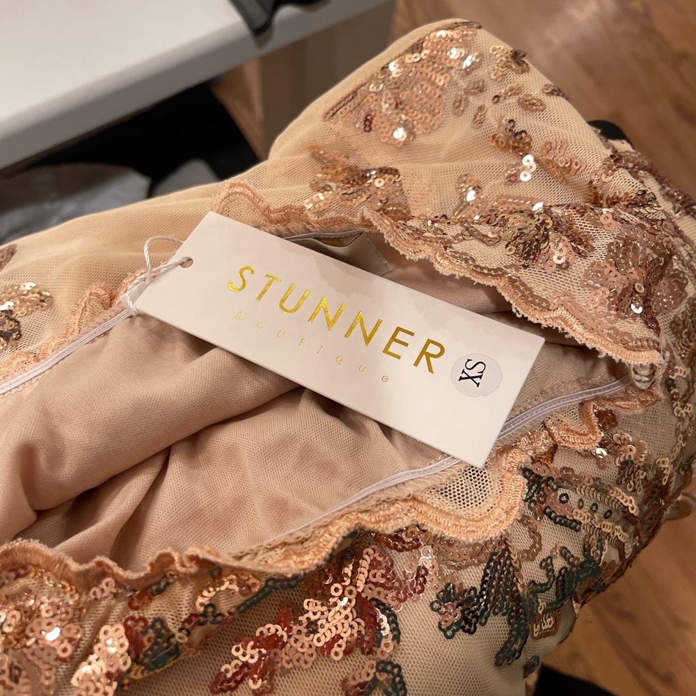 Beautiful never-worn, one-shoulder prom gown. Rose gold beading sequins/nude.